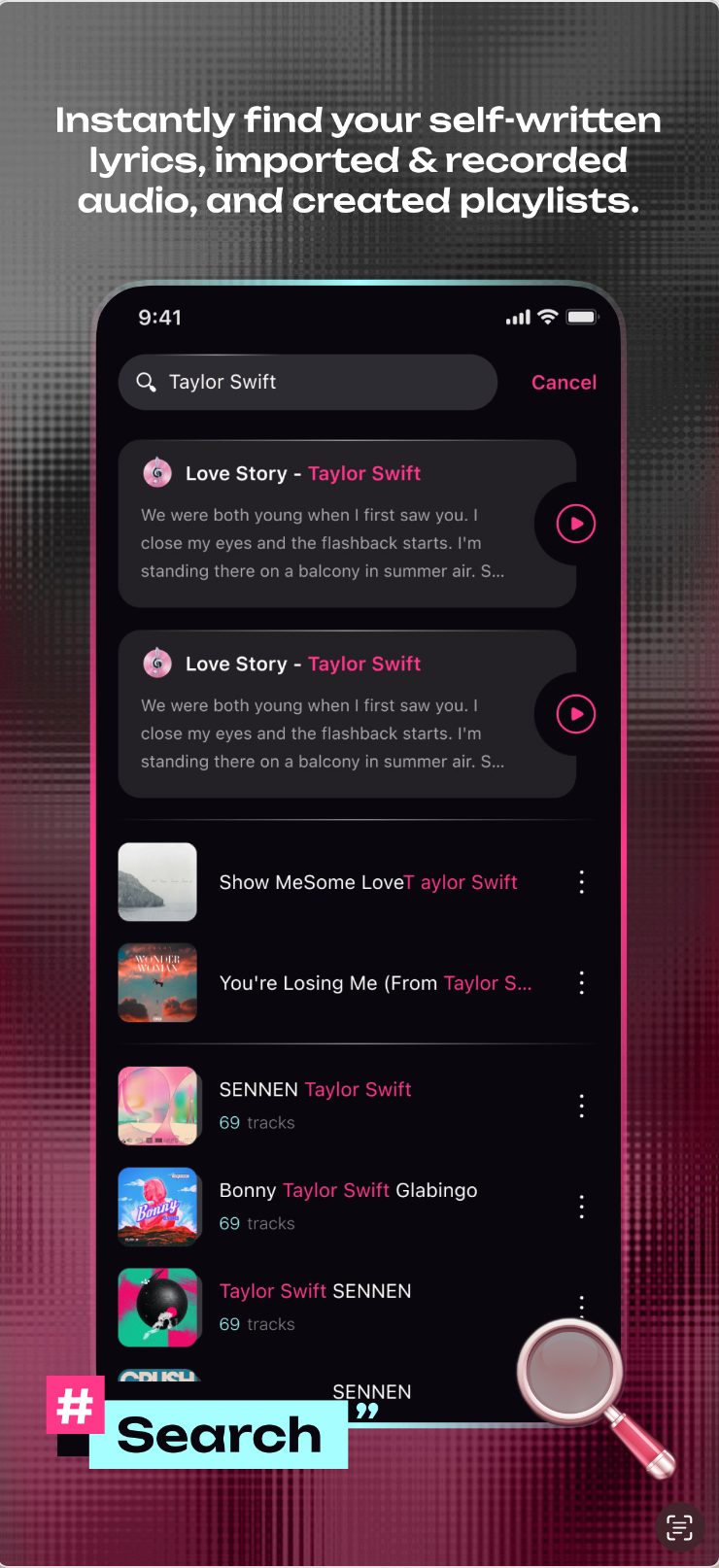 SoundMuse search brings together lyrics, recorded and imported audio, and playlists.