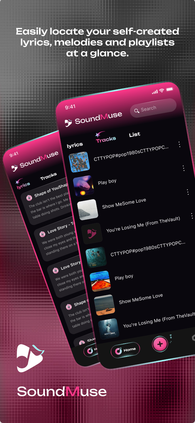 SoundMuse product preview showing lyrics, tracks and playlists.